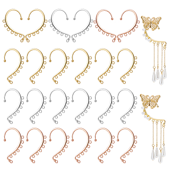 36Pcs 3 Colors Alloy Ear Cuff Findings, Climber Wrap Around Non Piercing Earring Findings with Horizontal Loops, Mixed Color, 57.5x38.5x3.5mm, Hole: 2.5mm, 12pcs/color