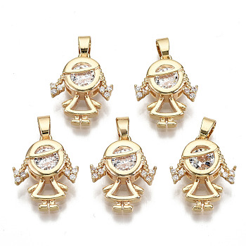 Brass Micro Pave Clear Cubic Zirconia Pendants, with Brass Snap on Bails, Nickel Free, Girl, Real 18K Gold Plated, 17.5x14x5mm, Hole: 3x4.5mm