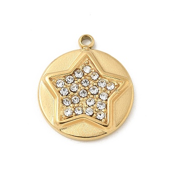 304 Stainless Steel Rhinestone Pendants, Star, Golden, Flat Round, 16.5x14.5x2.5mm, Hole: 1.4mm