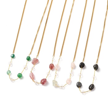 Nuggets Natural Gemstone Beaded Necklaces, with Glass Beads and Golden Plated 304 Stainless Steel Curb Chains, 15-5/8 inch(39.8cm)