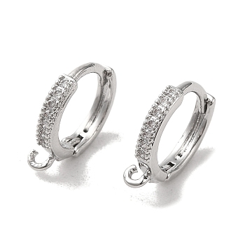 Brass Hoop Earring Findings, with Cubic Zirconia, Platinum, 14x2mm, Hole: 1.2mm, Pin: 0.8mm