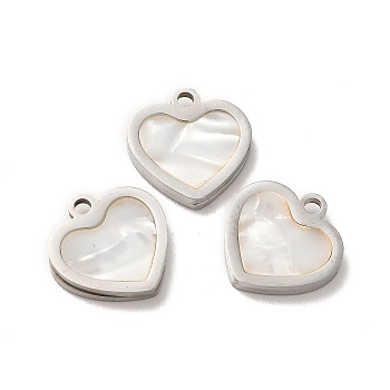 304 Stainless Steel Heart Charms, with Shell, Stainless Steel Color, 11x11x2mm, Hole: 1.4mm