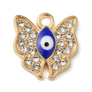 Alloy Enamel Rhinestone Glass Pendants, Golden, Evil Eye, Butterfly, 15x14x2.5mm, Hole: 2mm