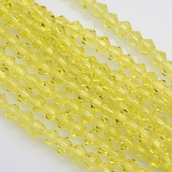 Bicone Glass Beads Strands, Faceted, Yellow, 4x4mm, Hole: 1mm, about 92~96pcs/strand, 13.78~14.37 inch