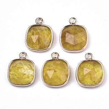 Glass Charms, with Light Gold Tone Brass Findings, Square, Faceted, Gold, 14x11x5mm, Hole: 1.6mm
