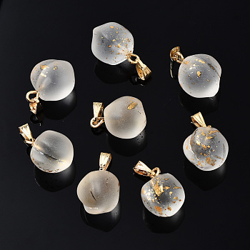 Transparent Spray Painted Glass Pendants, with Golden Plated Iron Bails and Gold Foil, Frosted, Peach, Clear, 16~17x11~12x11~12mm, Hole: 6x2mm