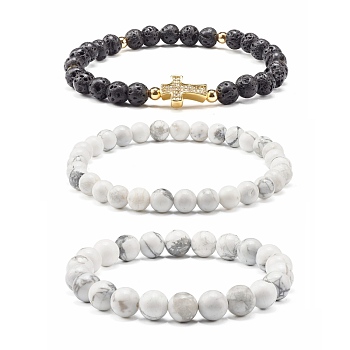 Natural Howlite & Lava Rock Round Beads Stretch Bracelets Set, Cross Brass Micro Pave Cubic Zirconia Beads Bracelets for Men Women, Golden, Inner Diameter: 2-3/8 inch(6cm), 3pcs/set