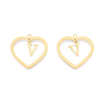 201 Stainless Steel Pendants, Hollow, Heart with Letter A~Z, Real 18K Gold Plated, Letter.V, 29x29.5x1mm, Hole: 2mm, A~Z: 12x8~10.5x1mm