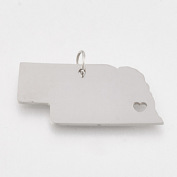 201 Stainless Steel Pendants, Map of Nebraska, Stainless Steel Color, 14x30x1mm, Hole: 3mm