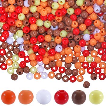1200Pcs 6 Colors Thanksgiving Day Themed Opaque Acrylic Beads, Round, Mixed Color, 6x5mm, Hole: 1.8mm, 200pcs/color