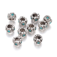 Antique Silver Plated Alloy European Beads, Large Hole Beads, with Rhinestone, Rondelle, Blue Zircon, 9~10x6.5mm, Hole: 4.5mm(MPDL-L030-M04-AS)