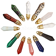 12Pcs 12 Style Bullet Natural Mixed Gemstone Pendants, with Golden Tone Brass Findings, 33~40x8~10mm, Hole: 3x2mm, 1pc/style(G-SZ0001-65)