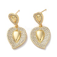 Brass Pave Clear Cubic Zirconia Stud Earrings, Heart with Teardrop, Real 16K Gold Plated, 31x15.5mm(EJEW-M258-15G)