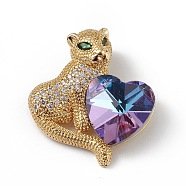 Real 18K Gold Plated Rack Plating Brass Micro Pave Clear Cubic Zirconia Pendants, with Glass, Long-Lasting Plated, Cadmium Free & Lead Free, Leopard with Heart Charm, Blue Violet, 24x22x8mm, Hole: 5x3mm(KK-C015-14G-11)