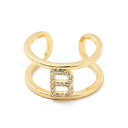 Clear Cubic Zirconia Initial Letter Open Cuff Ring, Real 18K Gold Plated Brass Double Line Ring for Women, Lead Free & Cadmium Free, Letter.B, US Size 6(16.5mm)(RJEW-A012-01G-B)