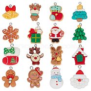32Pcs 16 Styles Opaque Resin Pendants, Christmas Charms, with Platinum Tone Iron Loops, Santa Claus & Reindeer & Gingerbread Man & Elk, Mixed Shapes, Mixed Color, 21~31x9.5~24.5x3.5~17mm, Hole: 2~2.7mm, 2pcs/style(RESI-SC0002-51)
