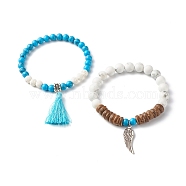 Tassel & Wing Alloy Charm Bracelets Set for Girl Women, Natural Howlite & Lava Rock & Synthetic Turquoise(Dyed) & Natural Coconut Shell Beads Stretch Bracelets, Inner Diameter: 2~2-1/8 inch(5~5.5cm), 2pcs/set(BJEW-JB06894)