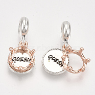 Alloy European Dangle Charms,  Large Hole Pendants, Crown and Flat Round with Word Queen, Antique Silver & Rose Gold, 24mm, Hole: 4.5mm(MPDL-S066-094)