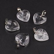 Natural Quartz Crystal Pendants, Rock Crystal Pendants, Heart, with Brass Findings, Platinum, 22~23x20~20.5x6~7.5mm, Hole: 5x8mm(G-G956-B08-FF)