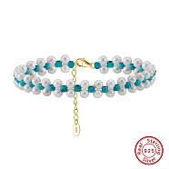 Natural Turquoise Weave Shell Pearl Beaded Bracelets, Adjustable 925 Sterling Silver Clasps Bracelets, Real 14K Gold Plated, 6-5/8 inch(16.9cm)(BJEW-L692-006G)