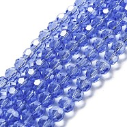 Electroplate Transparent Glass Beads Strands, Faceted(32 Facets), Round, Pearl Luster Plated, Blue, 8mm, Hole: 1mm, about 66~69pcs/strand, 19.29~19.57 inch(49~49.7cm)(EGLA-A035-T8mm-A21)