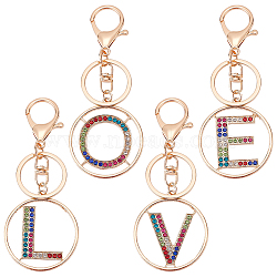 WADORN 4Pcs 4 Styles Alloy Colorful Rhinestone Keychain, with Key Rings and Lobster Claw Clasps, Light Gold, Flat Round with Letter L/O/V/E, Light Gold, 11cm, Pendant: 48.5x44x2.4mm, 1pc/style(KEYC-WR0001-27)