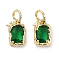 Brass Micro Pave Cubic Zirconia Charms, with Jump Ring, Rectangle with Star, Real 18K Gold Plated, Green, 9.5x6x3mm, Hole: 3mm(KK-C051-10G-02)