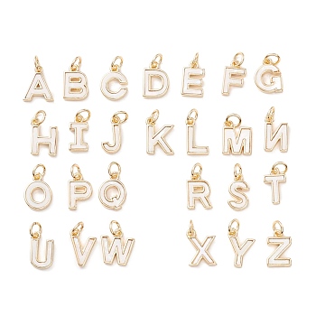 Rack Plating Brass Letter Pendants, with Jump Rings, Real 18K Gold Long-Lasting Plated, Lead-Free and Cadmium Free, Embedded White PVC, Alphabet, Letter A~Z, 11~12x5.5~10x2mm, Hole: 3.6mm, 26pcs/set