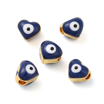 Golden Tone Brass Enamel Beads, Cadmium Free & Lead Free, Long-Lasting Plated, Heart with Evil Eye, Prussian Blue, 6x7x6mm, Hole: 2mm