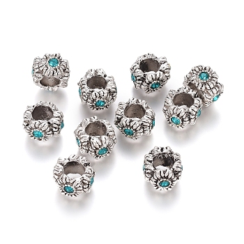Antique Silver Plated Alloy European Beads, Large Hole Beads, with Rhinestone, Rondelle, Blue Zircon, 9~10x6.5mm, Hole: 4.5mm