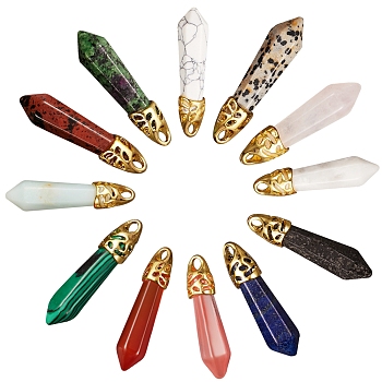 12Pcs 12 Style Bullet Natural Mixed Gemstone Pendants, with Golden Tone Brass Findings, 33~40x8~10mm, Hole: 3x2mm, 1pc/style