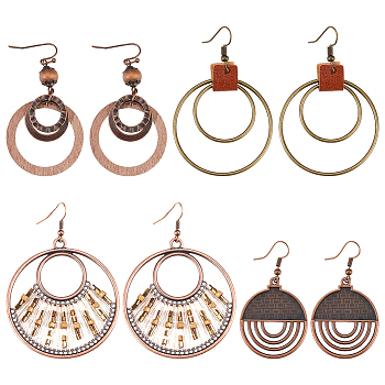 4 Pairs 4 Styles Alloy & Iron & Wood Dangle Earrings with Iron Pins, Ring & Flat Round, Mixed Color, 49~75x30~53.5mm, 1 Pair/style