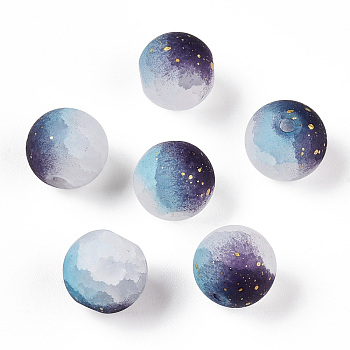 Frosted Baking Painted Crackle Glass Beads with Glitter Powder, Two Tone, Round, Dark Slate Blue, 10x9.5mm, Hole: 1.8mm