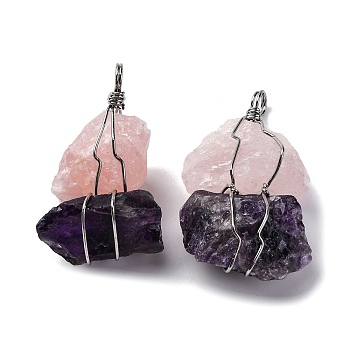 Natural Amethyst & Rose Quartz Nuggets Big Pendants, Copper Wire Wrapped Charms, Platinum, Lead Free & Cadmium Free, 40~52.5x36.5~44.5x17~23.5mm, Hole: 4.5mm