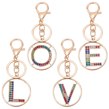 WADORN 4Pcs 4 Styles Alloy Colorful Rhinestone Keychain, with Key Rings and Lobster Claw Clasps, Light Gold, Flat Round with Letter L/O/V/E, Light Gold, 11cm, Pendant: 48.5x44x2.4mm, 1pc/style