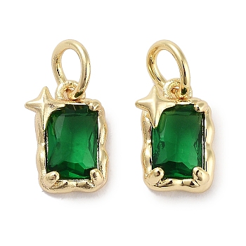 Brass Micro Pave Cubic Zirconia Charms, with Jump Ring, Rectangle with Star, Real 18K Gold Plated, Green, 9.5x6x3mm, Hole: 3mm