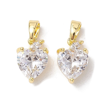 Valentine's Day Brass Micro Pave Clear Cubic Zirconia Charms, Heart Charms, Real 18K Gold Plated, 12.5x8x5mm, Hole: 5x2.8mm