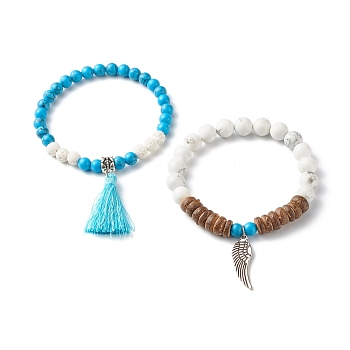 Tassel & Wing Alloy Charm Bracelets Set for Girl Women, Natural Howlite & Lava Rock & Synthetic Turquoise(Dyed) & Natural Coconut Shell Beads Stretch Bracelets, Inner Diameter: 2~2-1/8 inch(5~5.5cm), 2pcs/set
