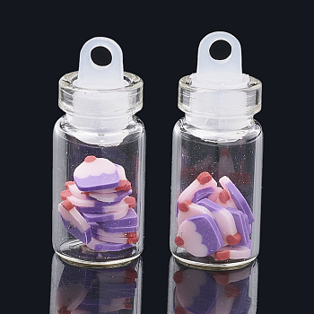 Handmade Polymer Clay Nail Art Decoration Accessories, with Glass Wishing Bottle and CCB Plastic Bottle Stopper, Cake, Medium Orchid, 5.5~7x4~6x0.1~1mm, bottle: 27.5x11mm, hole: 3mm