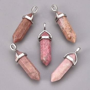 Natural Rhodonite Double Terminated Pointed Pendants, with Random Alloy Pendant Hexagon Bead Cap Bails, Bullet, Platinum, 36~45x12mm, Hole: 3x5mm, Gemstone: 10mm in diameter
