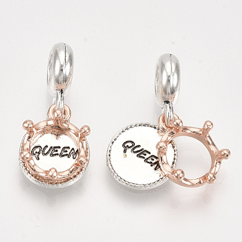 Alloy European Dangle Charms,  Large Hole Pendants, Crown and Flat Round with Word Queen, Antique Silver & Rose Gold, 24mm, Hole: 4.5mm