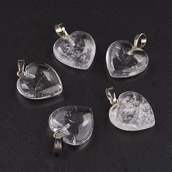 Natural Quartz Crystal Pendants, Rock Crystal Pendants, Heart, with Brass Findings, Platinum, 22~23x20~20.5x6~7.5mm, Hole: 5x8mm