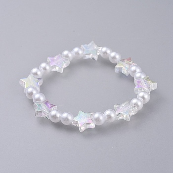 Kids Stretch Bracelets, with Transparent Acrylic Imitated Pearl Beads and Transparent Acrylic Beads, Star & Round, White, 1-5/8 inch(4.3cm)