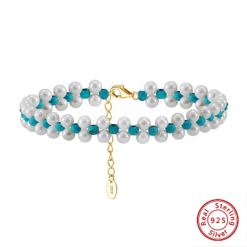 Natural Turquoise Weave Shell Pearl Beaded Bracelets, Adjustable 925 Sterling Silver Clasps Bracelets, Real 14K Gold Plated, 6-5/8 inch(16.9cm)