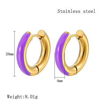 Real 18K Gold Plated 304 Stainless Steel Hoop Earrings, with Enamel, Blue Violet, 20x4mm