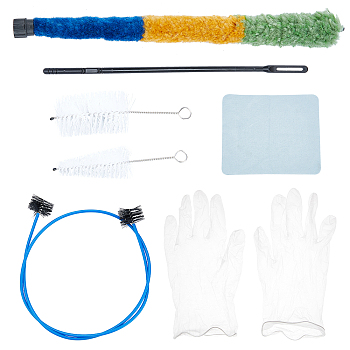 PandaHall Elite Clean Musicallnstruments Brush Setting, with Plastic Trumpet Cornet Maintenance Cleaning Kit, Valve Casing Brush, Silver Polishing Cloth, Disposable PVC Safety Gloves, Mixed Color, 520x53mm