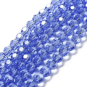 Electroplate Transparent Glass Beads Strands, Faceted, Round, Pearl Luster Plated, Blue, 8mm, Hole: 1mm, about 66~69pcs/strand, 19.29~19.57 inch(49~49.7cm)