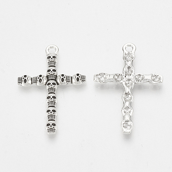Tibetan Style Alloy Pendants, Cross with Skull, Antique Silver, 38x26x3.5mm, Hole: 2mm