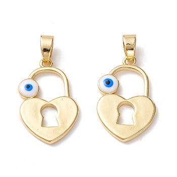Brass Enamel Pendants, Long-Lasting Plated, Cadmium Free & Nickel Free & Lead Free, Love lock with Evil Eye, Real 18K Gold Plated, 24.5x15x2.5mm, Hole: 4mm
