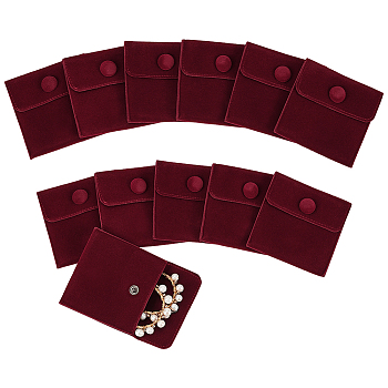12Pcs Square Velvet Jewelry Bags, with Snap Fastener, Dark Red, 7x7x0.95cm